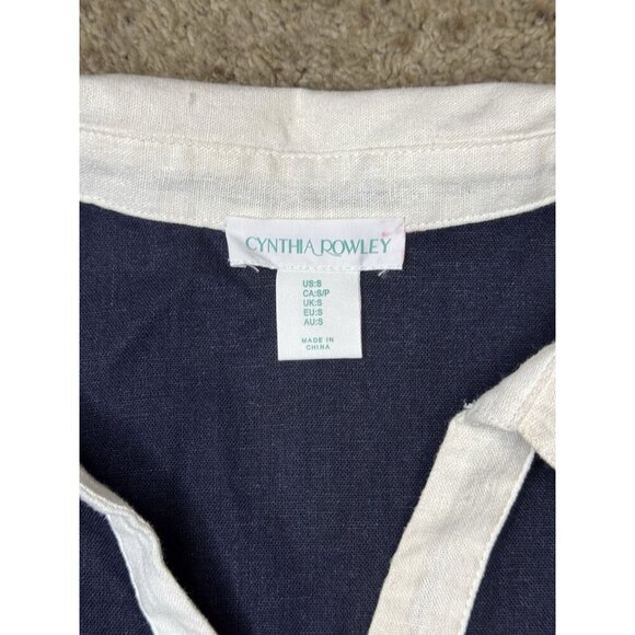 CYNTHIA ROWLEY Navy White Linen Blend 3/4 Sleeve Shirt Dress Beach Coastal SMALL - Picture 10 of 11